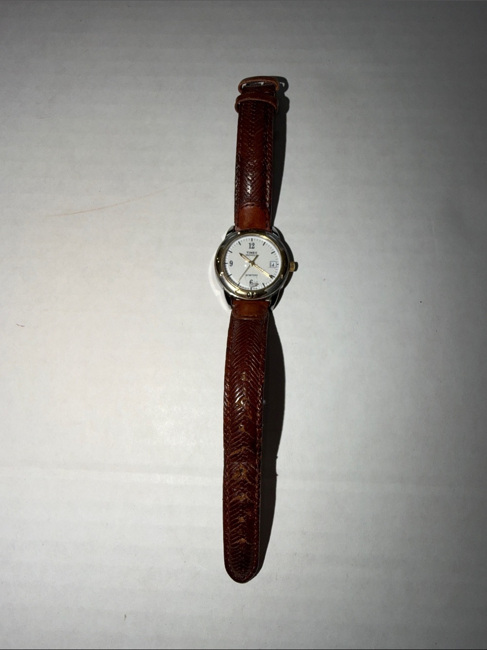 Vintage Timex Women's Two Tone Silver/Gold Tone Watch with Brown Leather Strap
